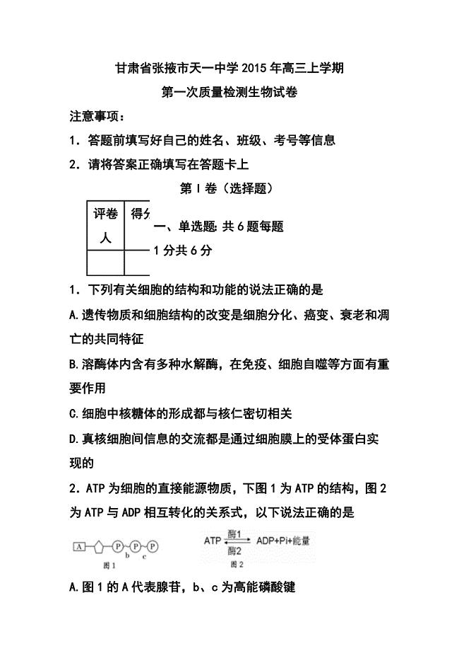 1943242435甘肃省张掖市天一中学高三上学期第一次质量检测生物试题及答案