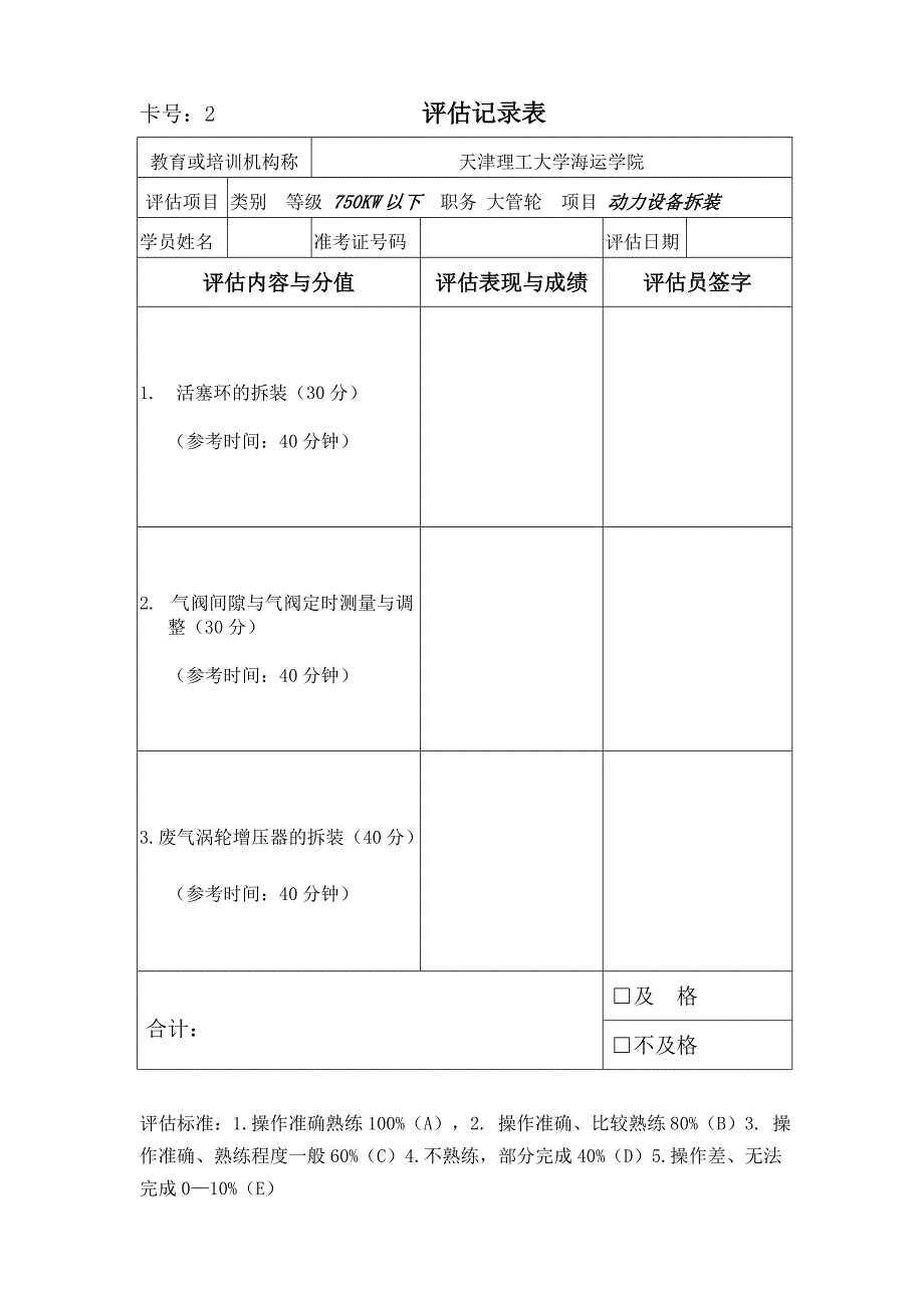 海运轮机评估题卡：动力设备拆装题卡(2012.10大管轮750KW以下) 5套_第2页