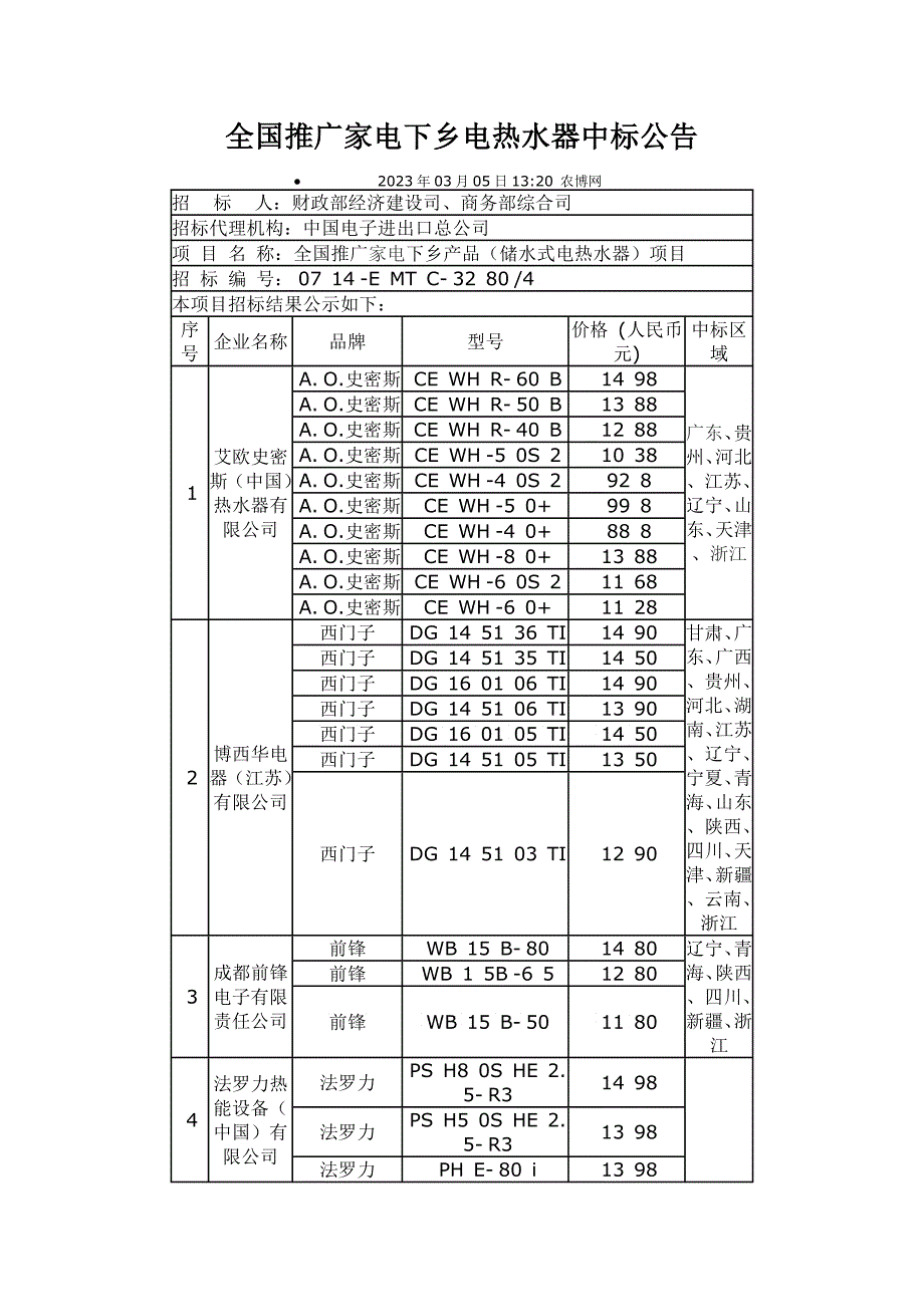 全国推广家电下乡电热水器中标公告_第1页