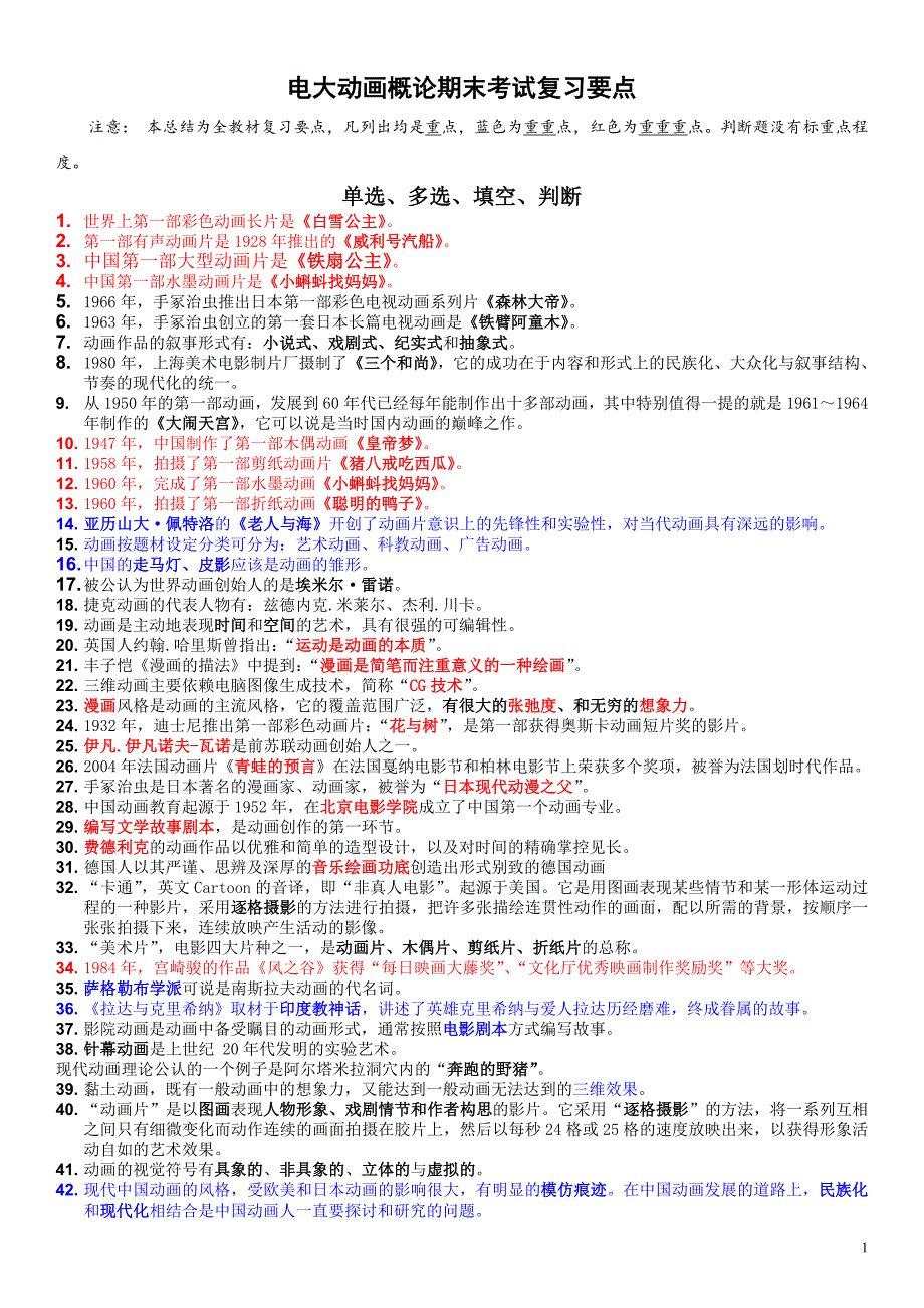 最新电大动画概论期末复习重点知识题库及答案小抄_第1页