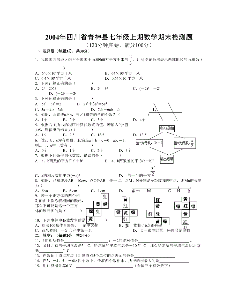 四川省青神县七年级上期数学期末检测题华师大版_第1页