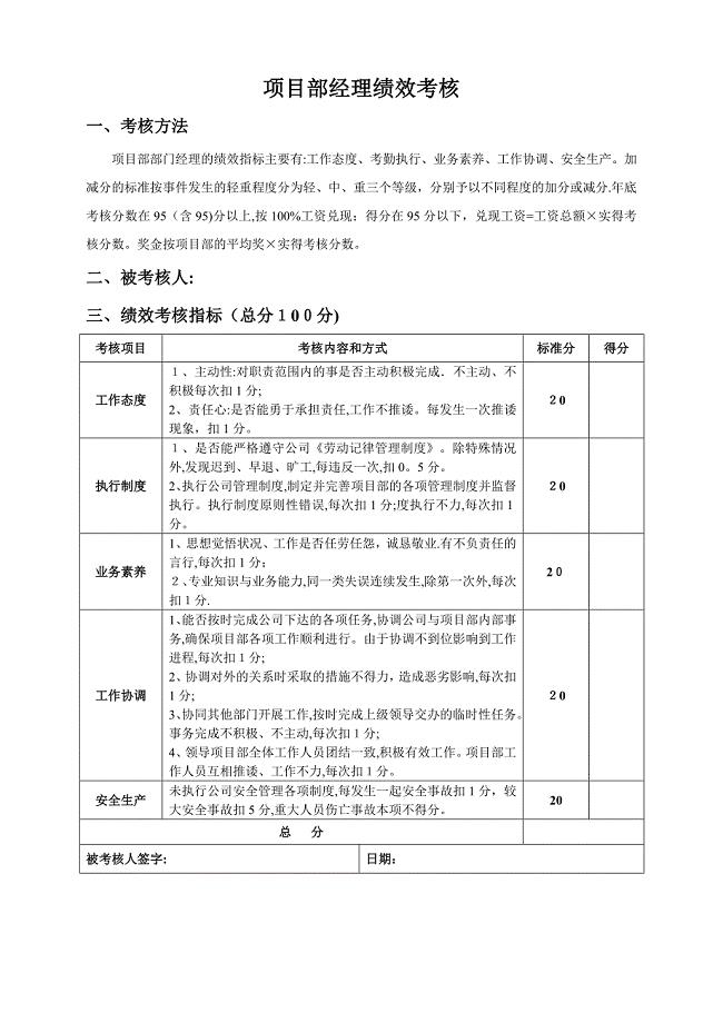 {项目部}人员绩效考核表【可编辑范本】.doc