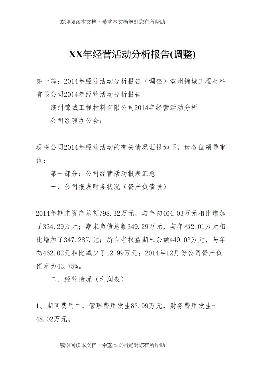 XX年经营活动分析报告(调整)_第1页