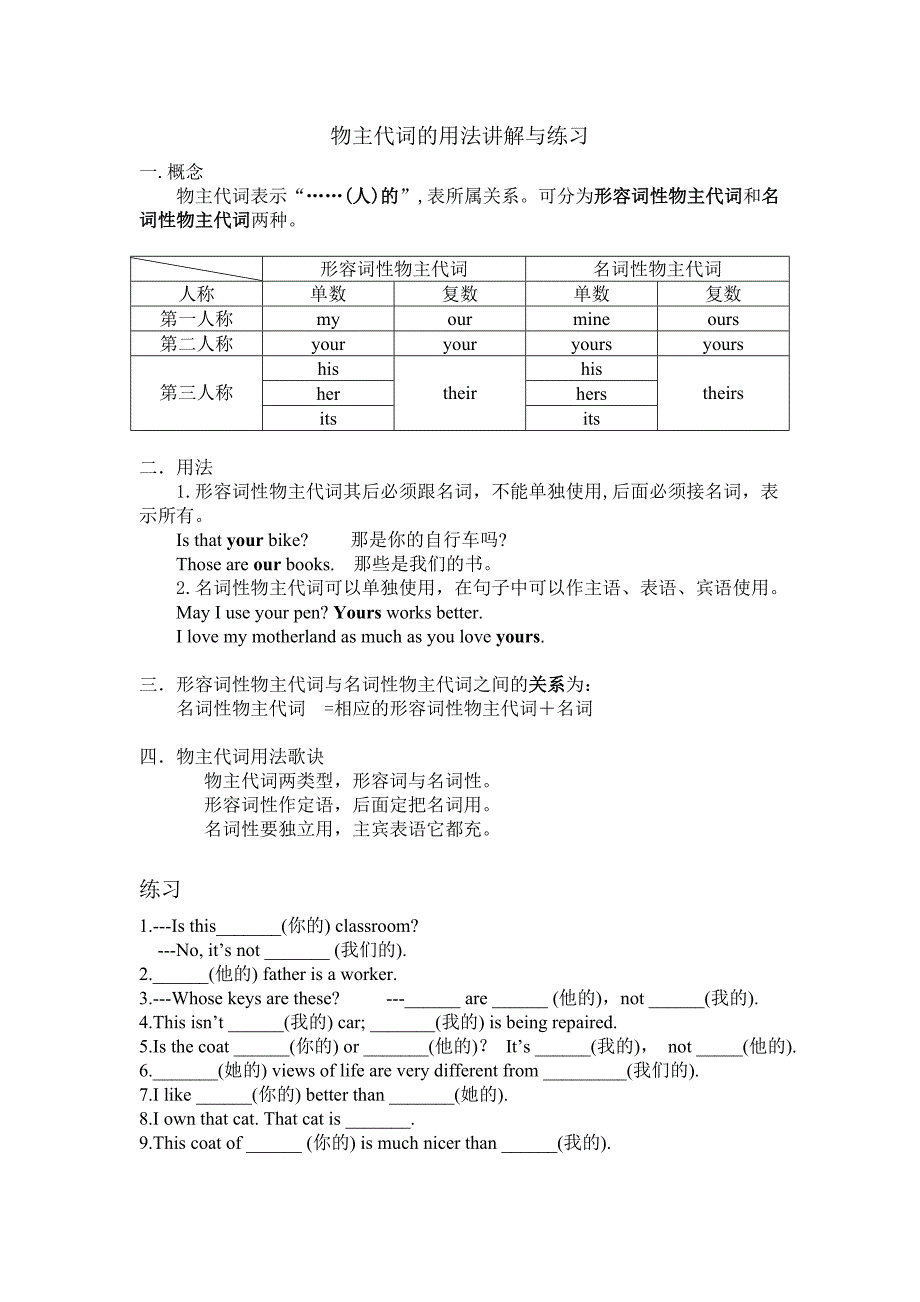 名词性物主代词讲解与练习_第1页
