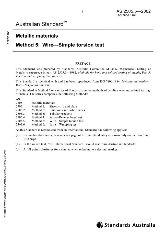 【AS澳大利亚标准】AS 250552002 Metallic materials Method 5 Wire—Simple torsion test