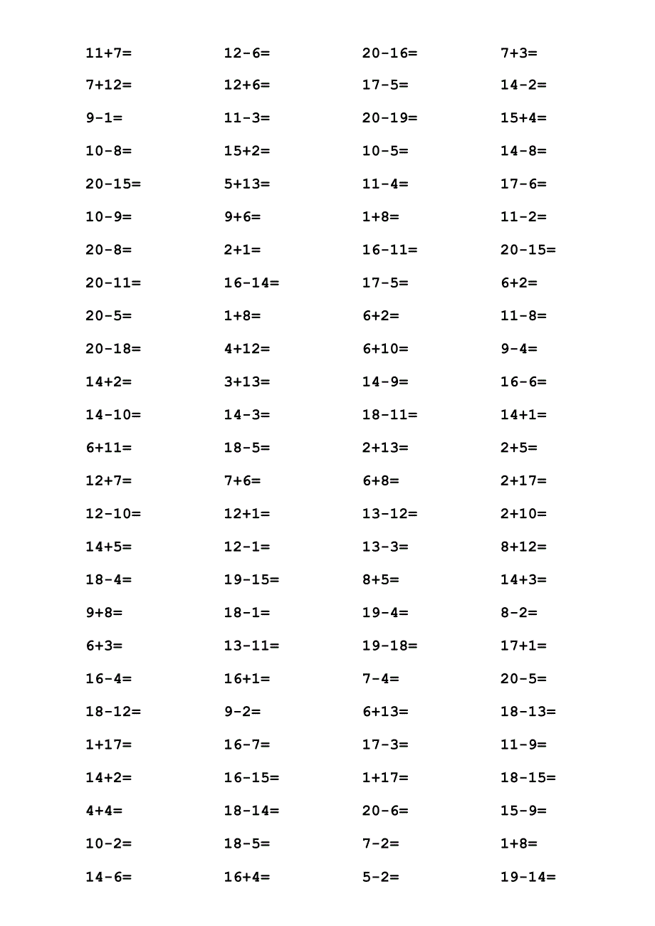 一年级20以内加减法口算题_A4直接打印_每页100道_编排整齐(最新整理)_第1页