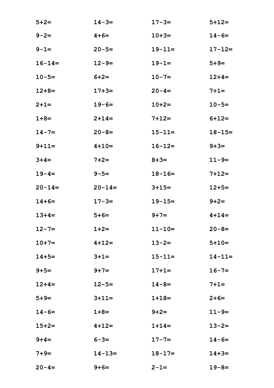 一年级20以内加减法口算题_A4直接打印_每页100道_编排整齐(最新整理)_第4页