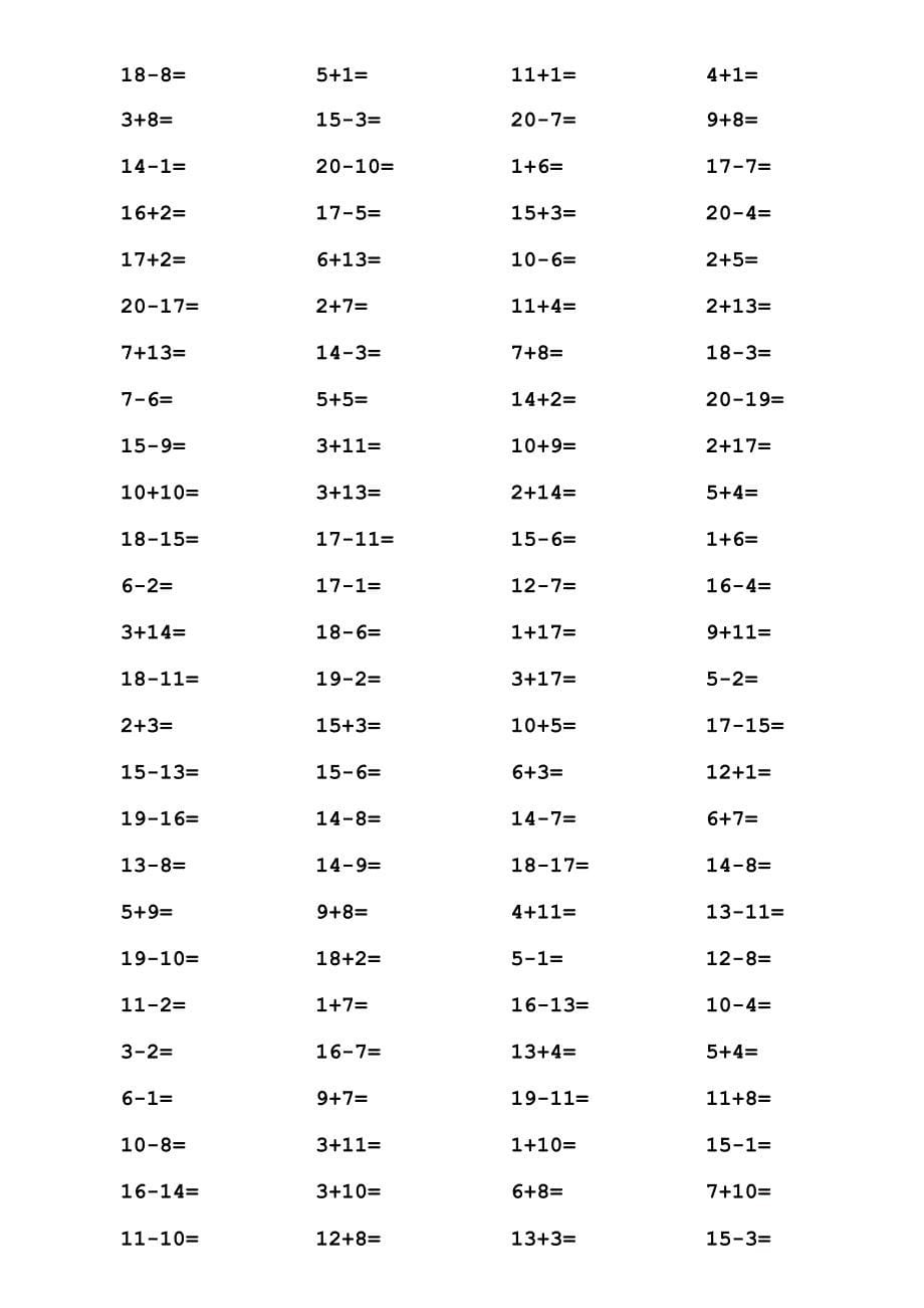 一年级20以内加减法口算题_A4直接打印_每页100道_编排整齐(最新整理)_第5页