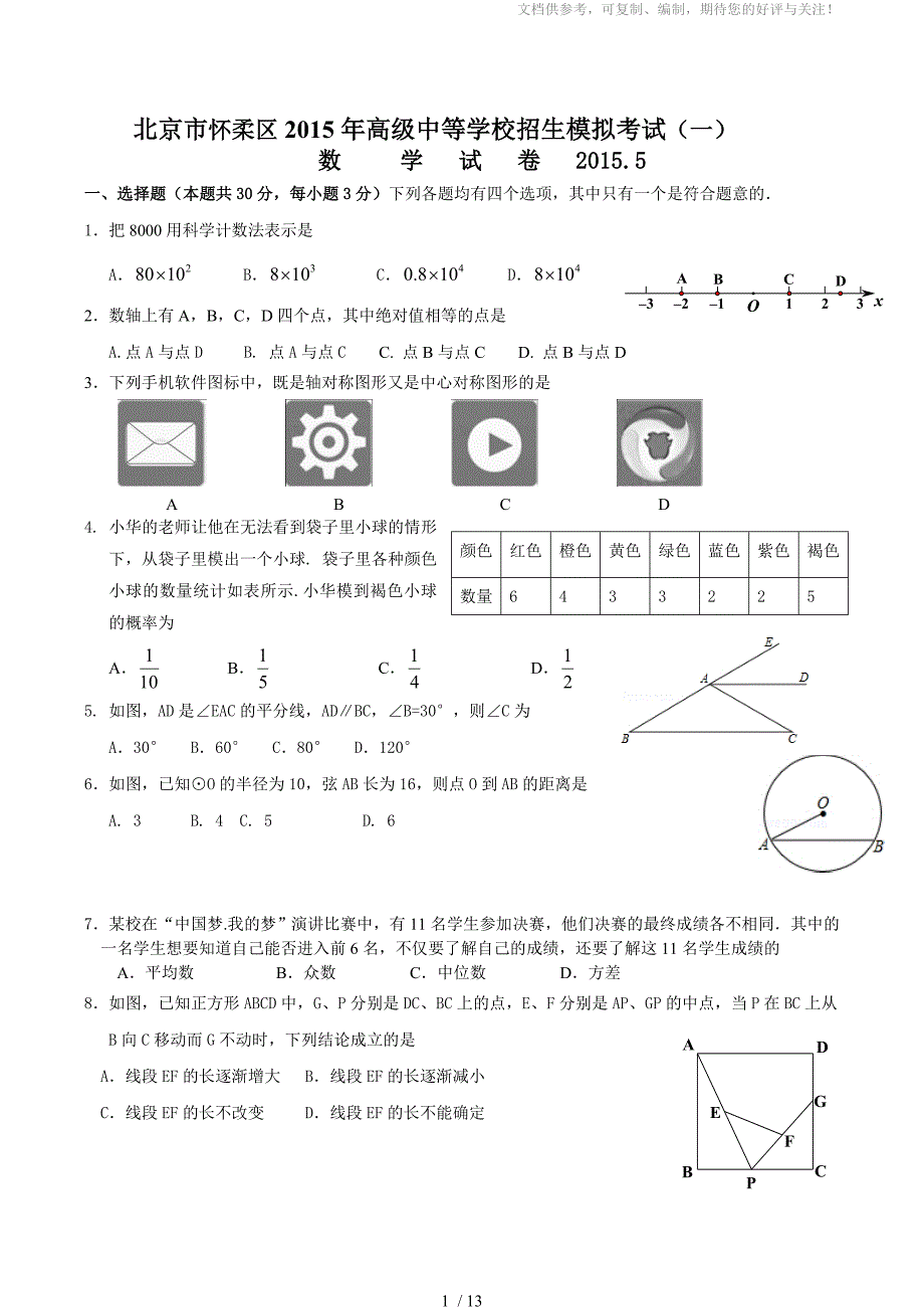 2015年怀柔中考一模数学试题及答案_第1页