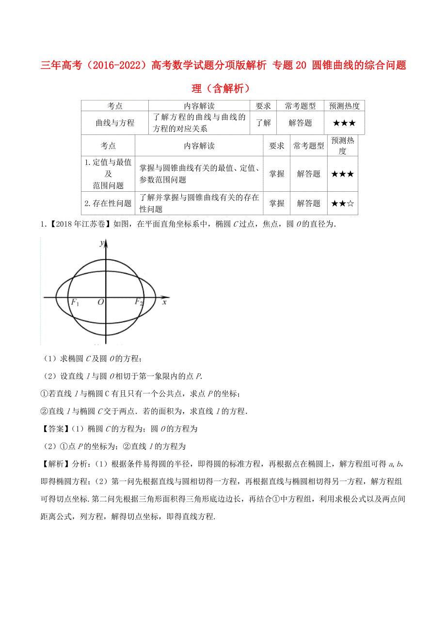 三年高考（2016-2022）高考数学试题分项版解析 专题20 圆锥曲线的综合问题 理（含解析）_第1页