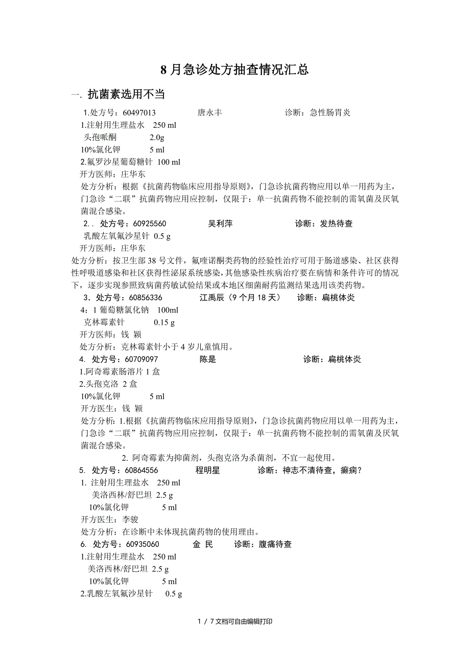 月急诊处方抽查情况汇总_第1页