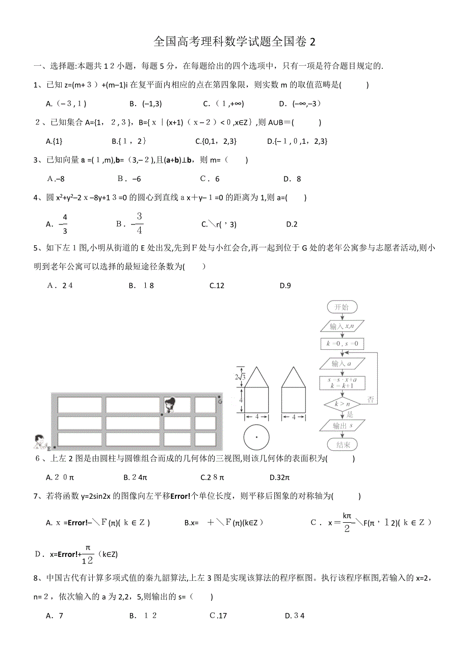 高考理科数学试题卷2及解析完美版(2)_第1页