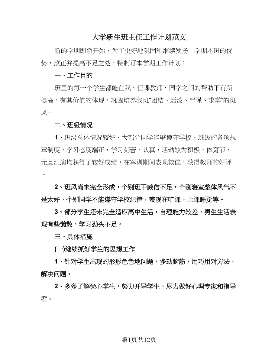 大学新生班主任工作计划范文（五篇）.doc_第1页