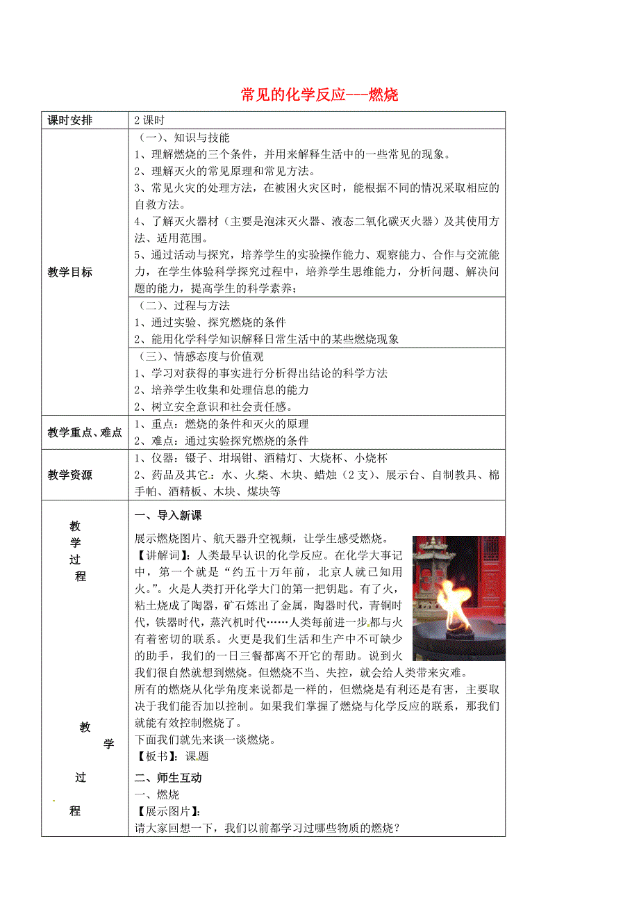 【最新】沪教版九年级化学：4.1常见的化学反应—燃烧教案1_第1页