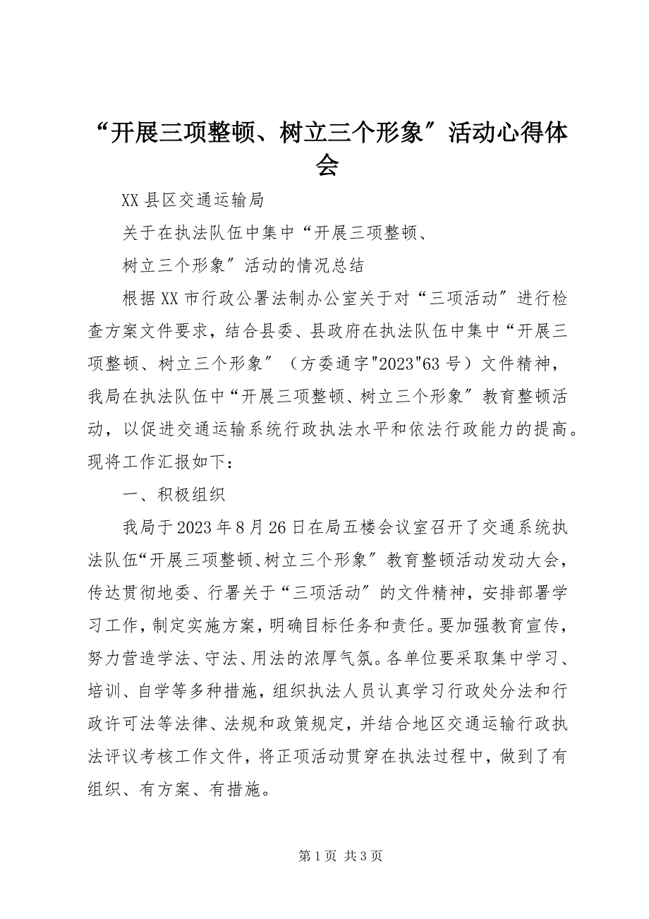 2023年开展三项整顿树立三个形象活动心得体会.docx_第1页