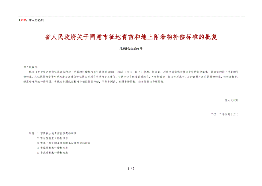 绵阳市征地青苗和地上附着物补偿标准2012.5.15_第1页