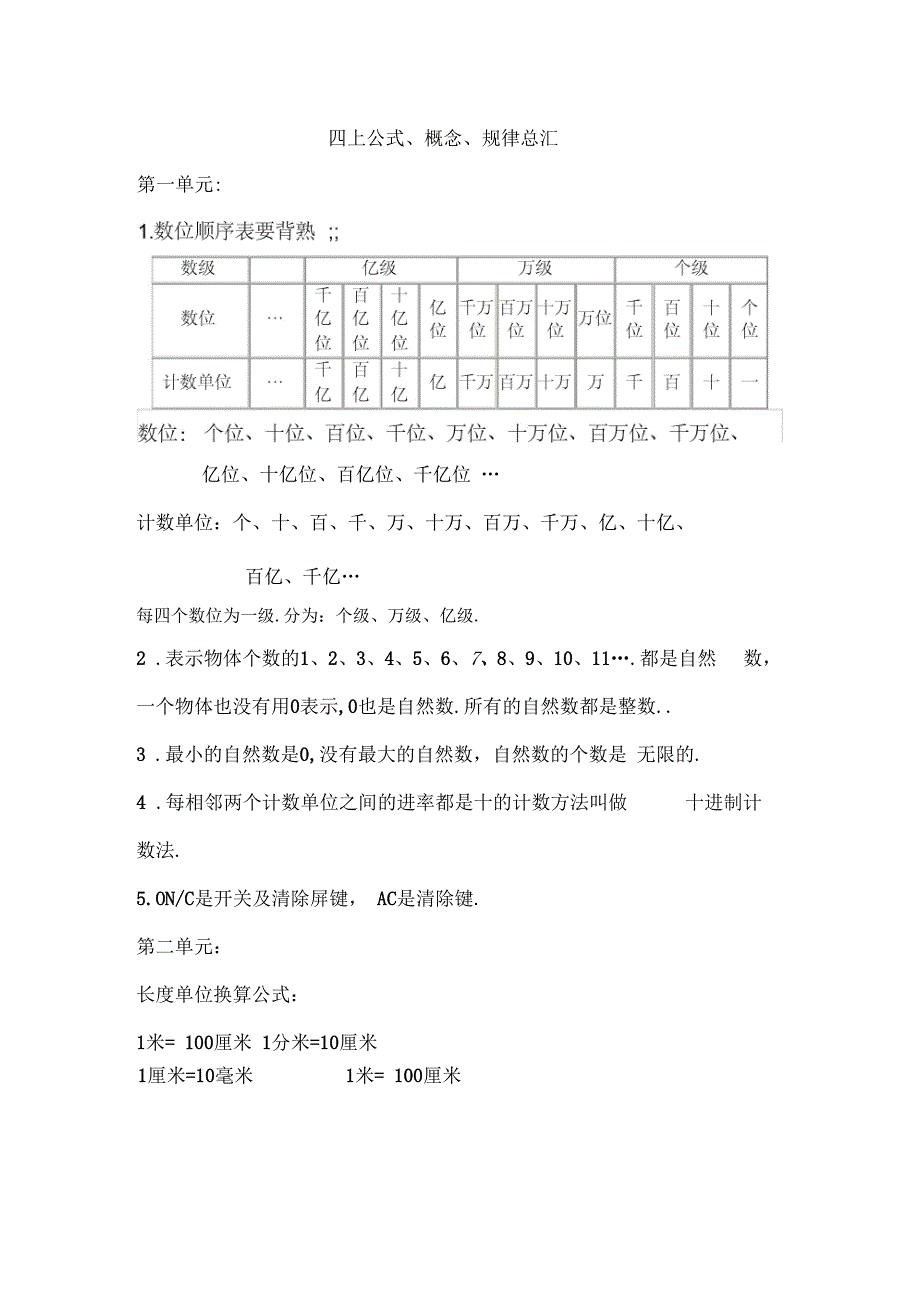 小学四年级数学上册公式、概念、规律总汇_第1页