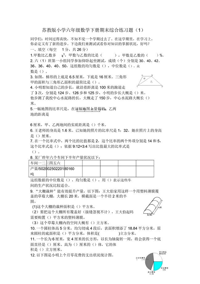 苏教版六年级数学下册期末综合练习题(一).doc