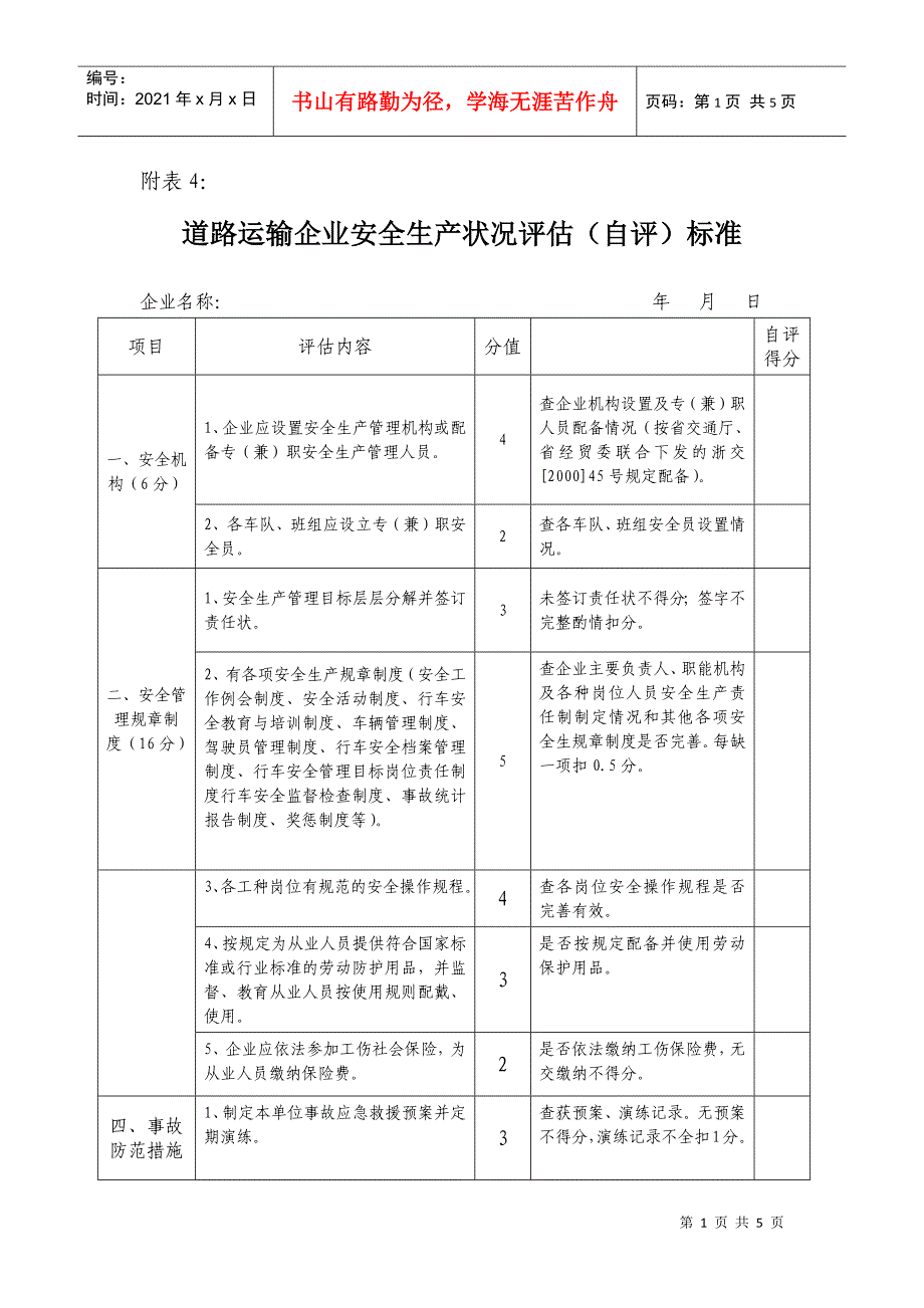 道路运输企业安全生产状况评估(自评)标准_第1页