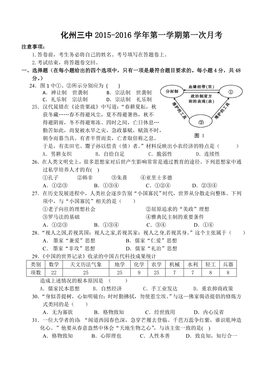 化州三中第一学期第一次月考_第1页