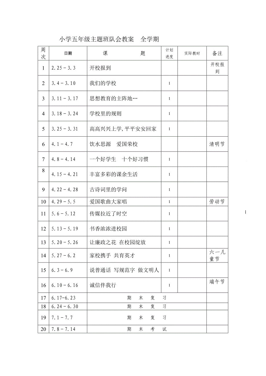 小学五年级主题班队会教案　全学期_第1页