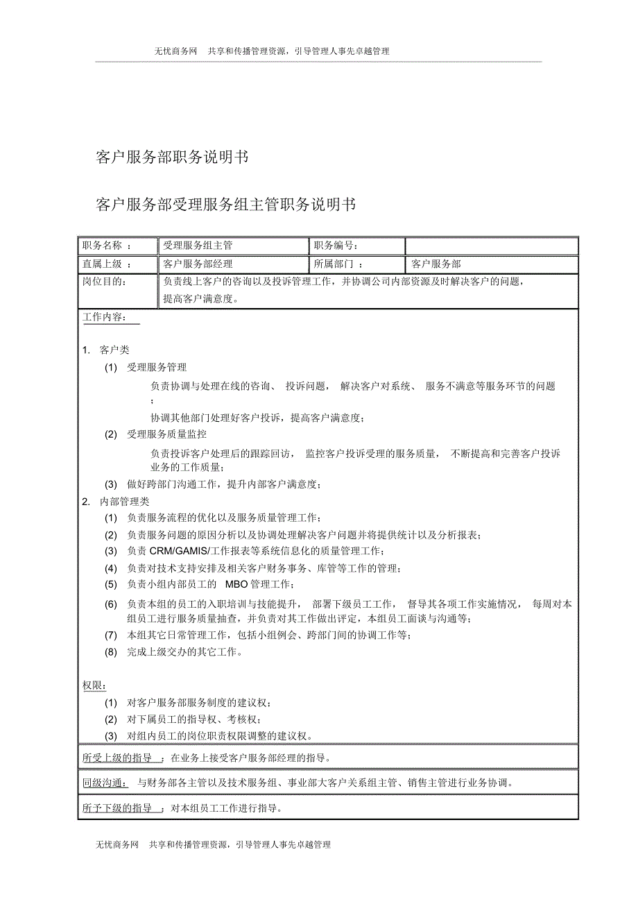 客户服务部受理组主管岗位说明书_第1页