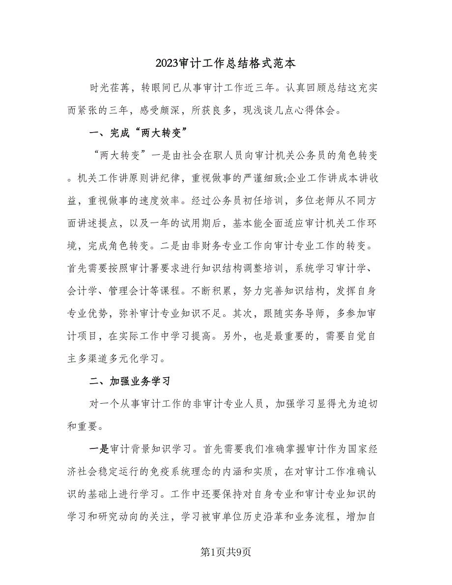 2023审计工作总结格式范本（5篇）_第1页