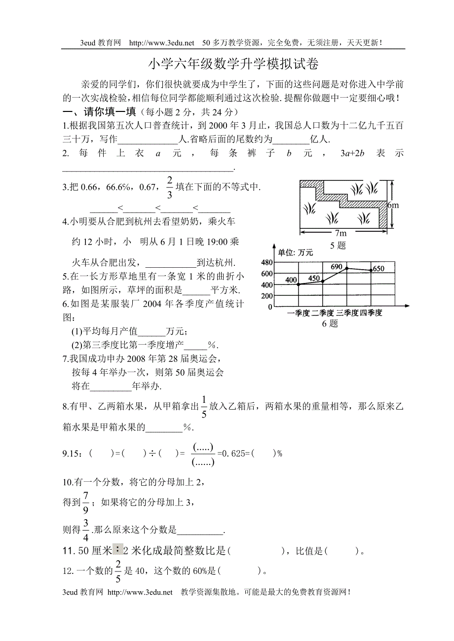 小学六年级数学升学模拟试卷_第1页