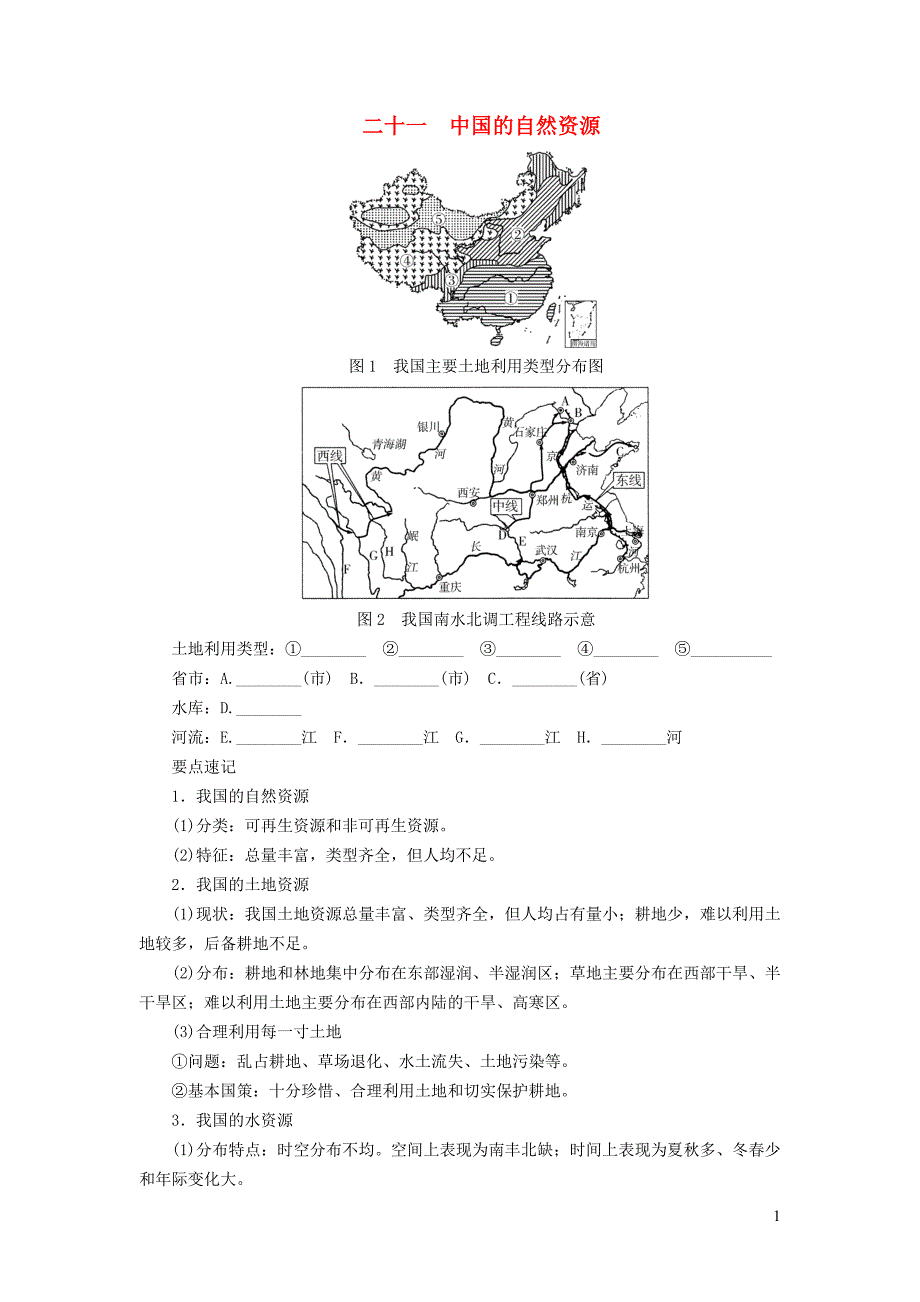 中考地理总复习二十一中国的自然资源填图速记手册2019010457_第1页