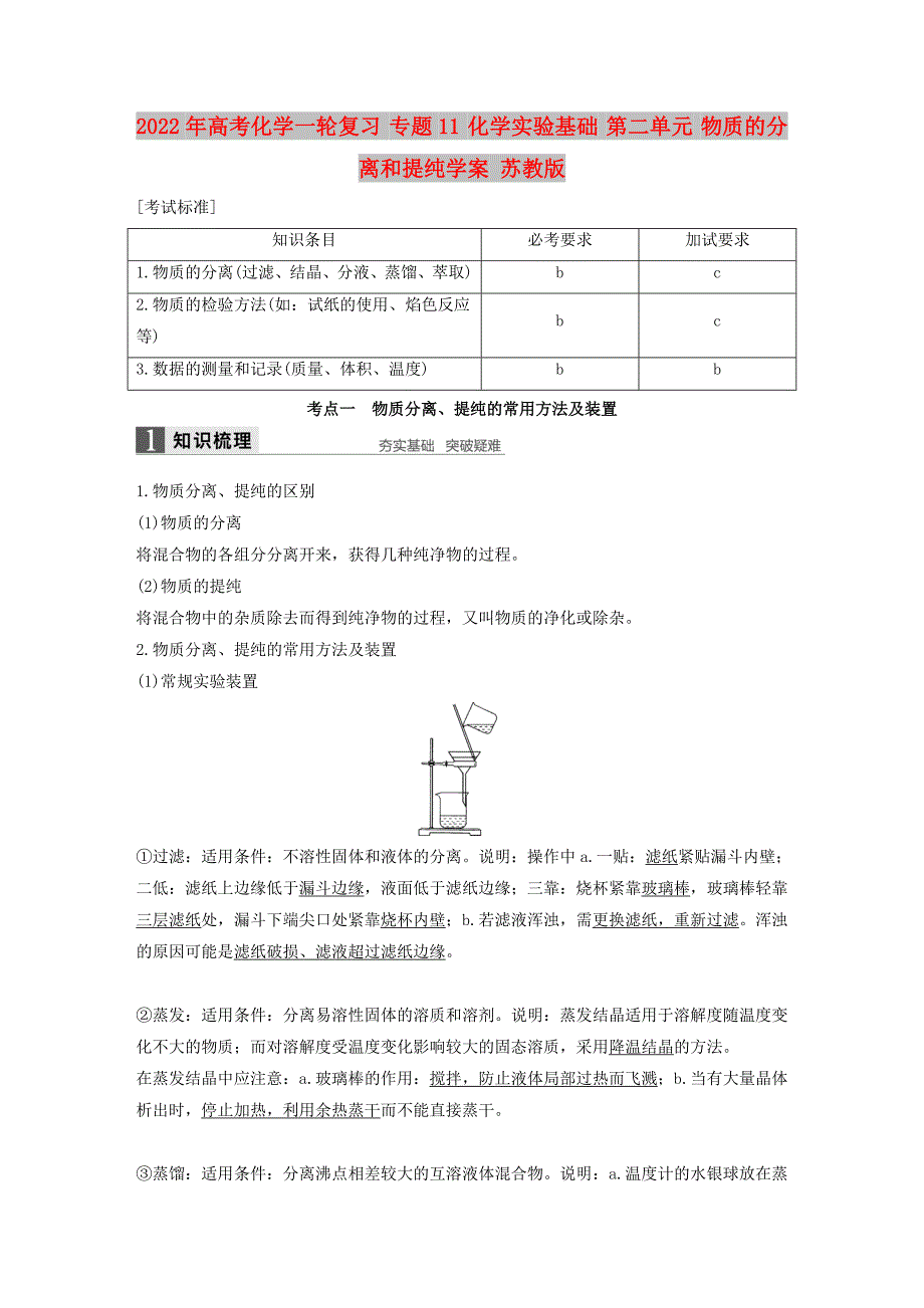 2022年高考化学一轮复习 专题11 化学实验基础 第二单元 物质的分离和提纯学案 苏教版_第1页