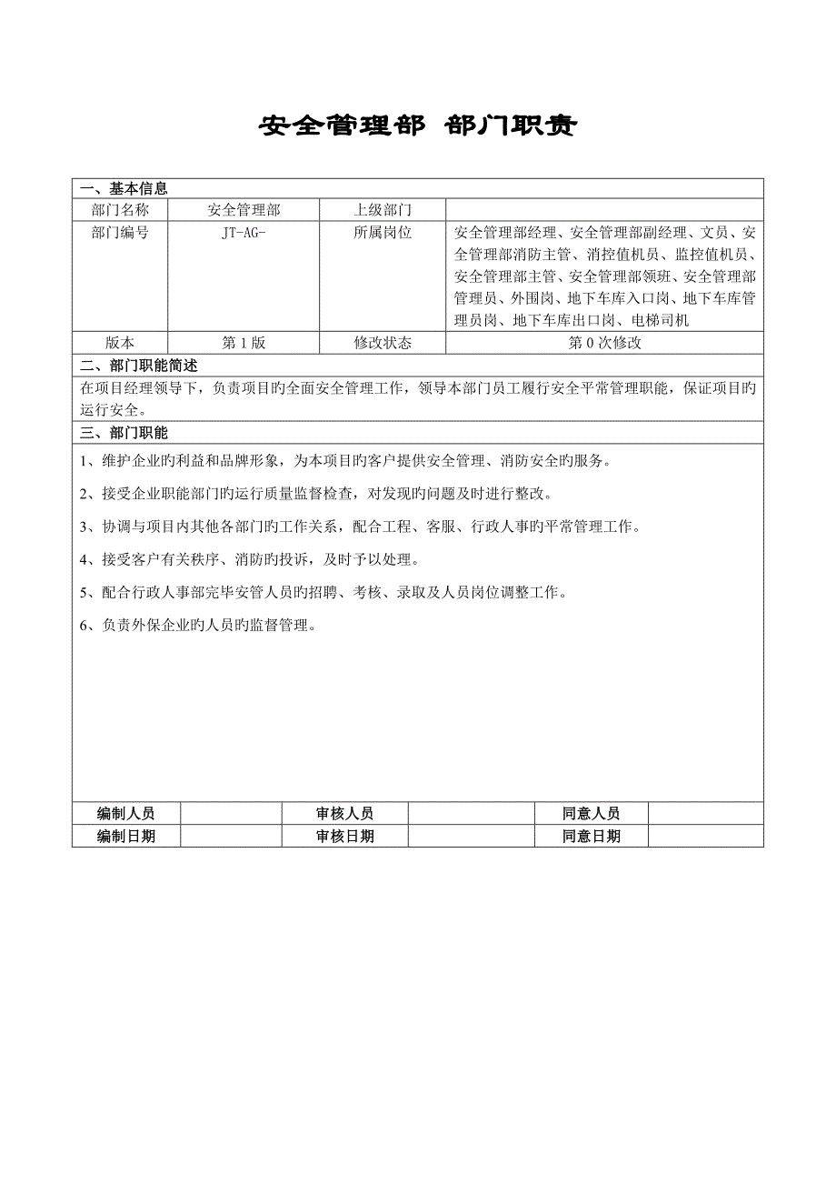 安全管理部部部门职责及岗位说明书_第1页