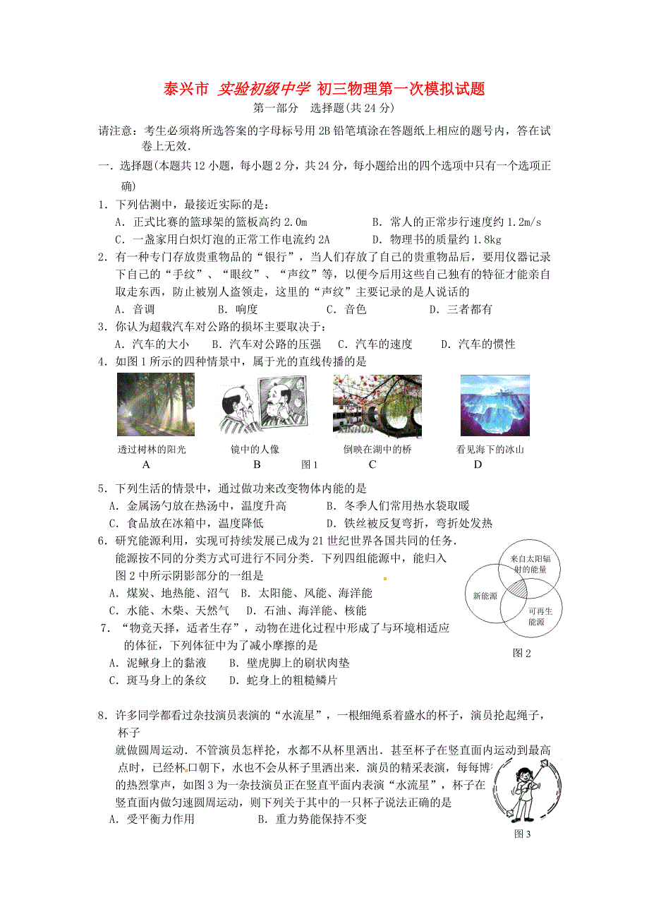 江苏省泰兴市实验初级中学2011届九年级物理第一次模拟试题_第1页