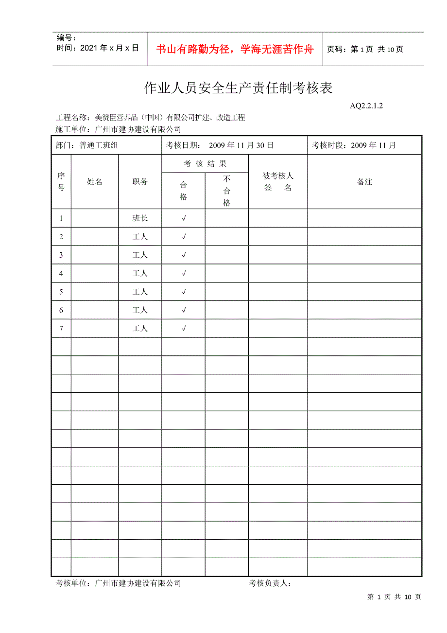 作业人员安全生产责任制考核表（普通工）(DOC9页)_第1页