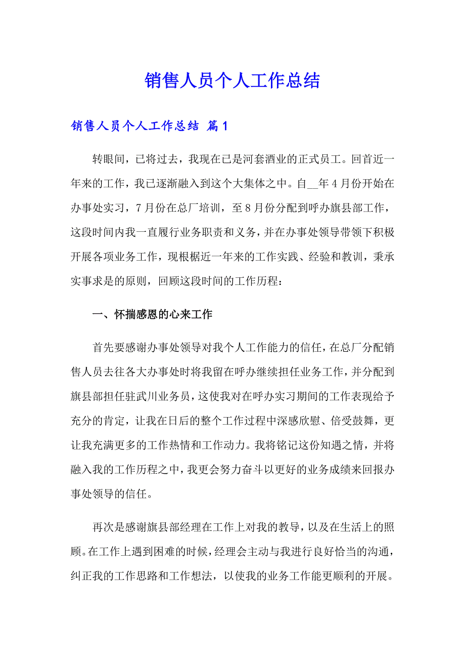 销售人员个人工作总结（精选模板）_第1页