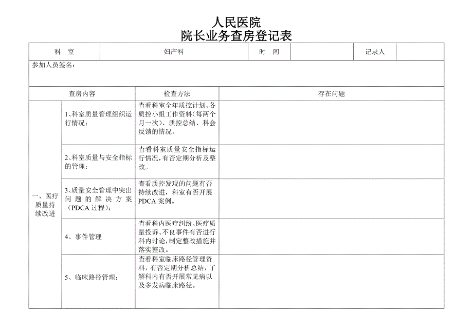 院长业务查房登记表（临床科室_第1页