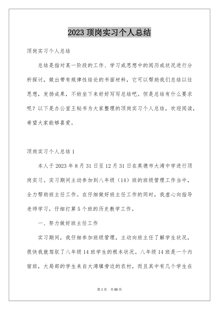 2023年顶岗实习个人总结8范文.docx_第1页