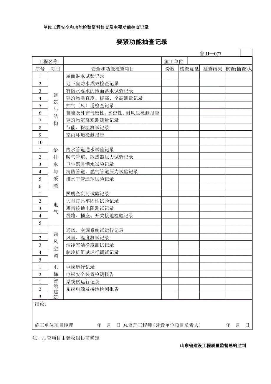 单位工程安全和功能检验资料核查及主要功能抽查记录_第1页