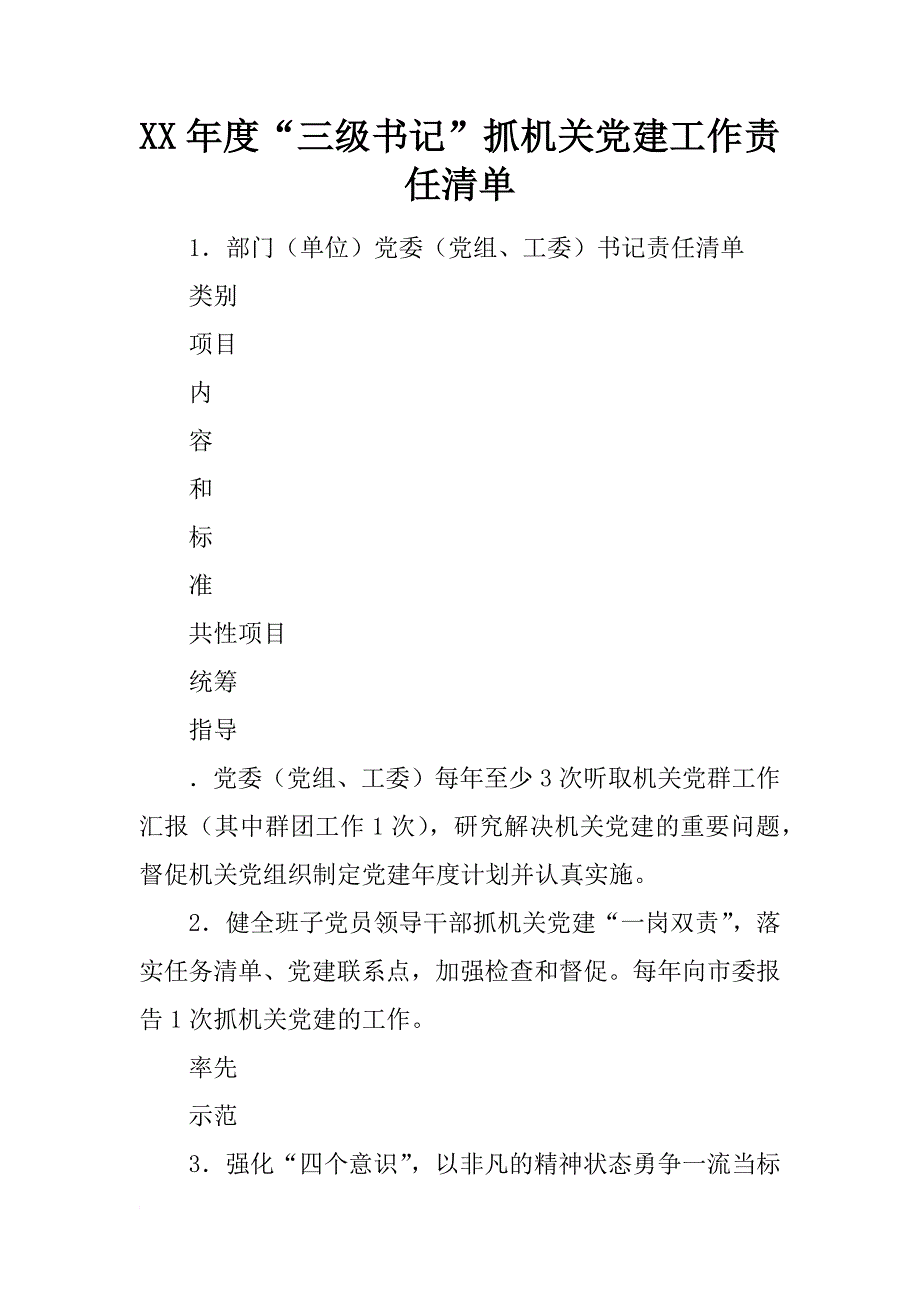 XX年度“三级书记”抓机关党建工作责任清单_第1页