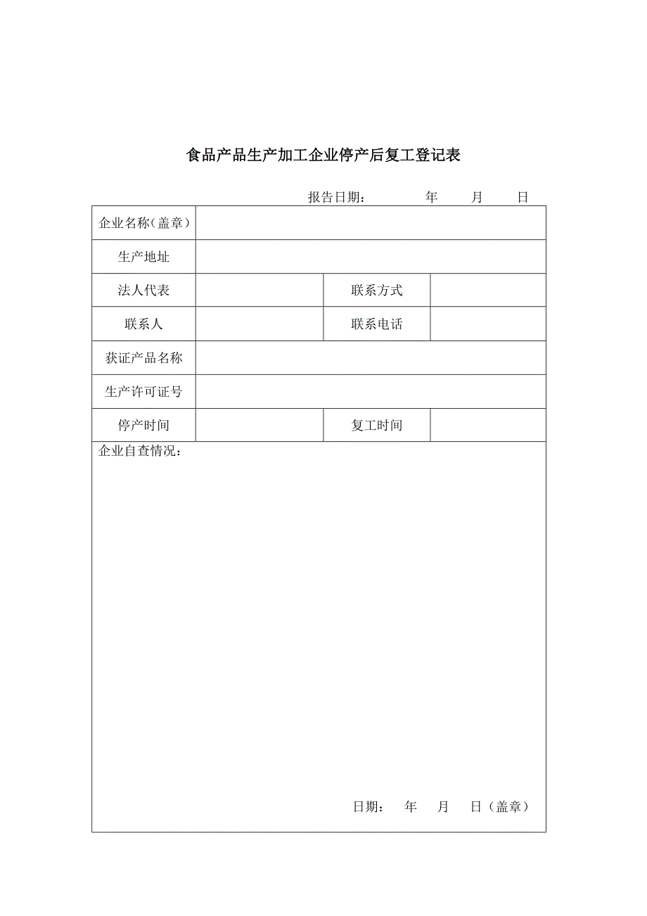 食品企业停产报告与复工报告表模板_第2页