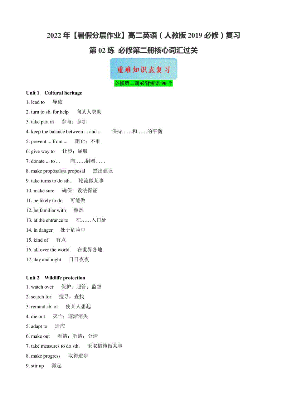 第02练 必修第二册核心词汇过关-2022年【分层作业】高二英语(人教版必修)复习_第1页