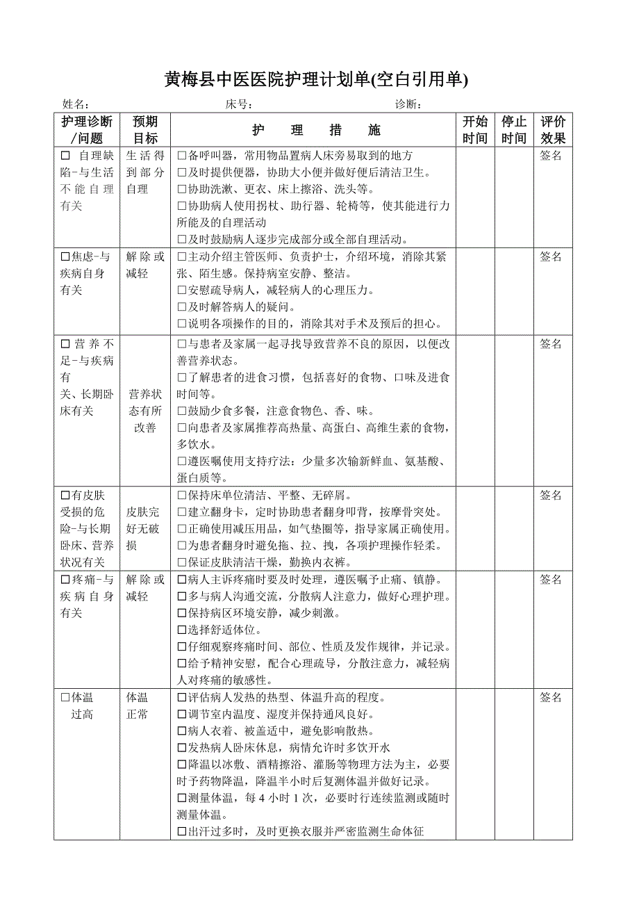 医院各科室护理计划单_第1页