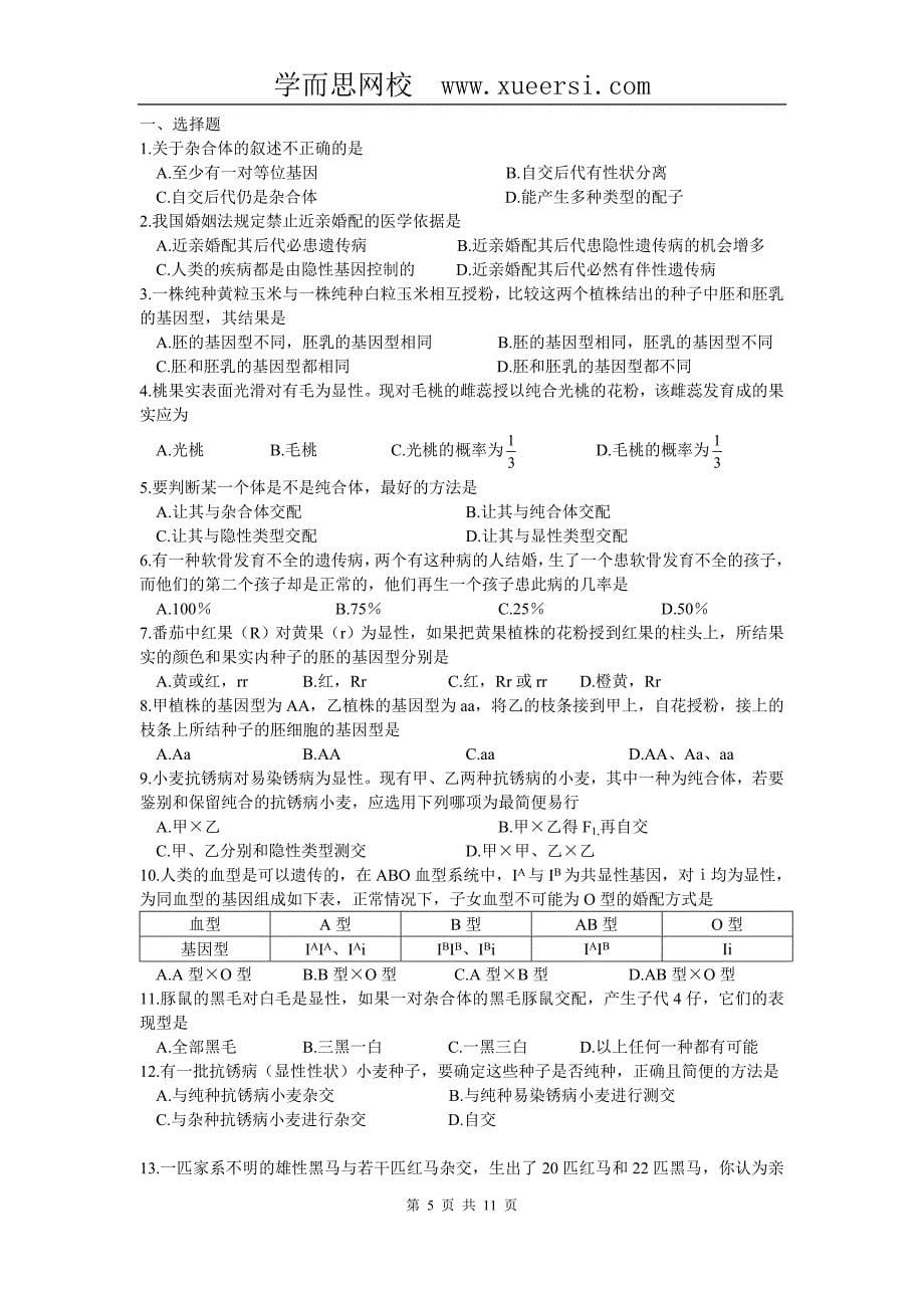 新课标高中生物专题复习必修II第1、遗传因子的发现-孟德尔的豌豆.doc_第5页