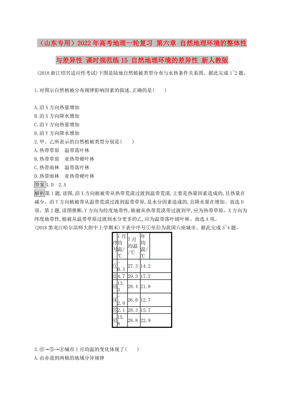 （山东专用）2022年高考地理一轮复习 第六章 自然地理环境的整体性与差异性 课时规范练15 自然地理环境的差异性 新人教版_第1页