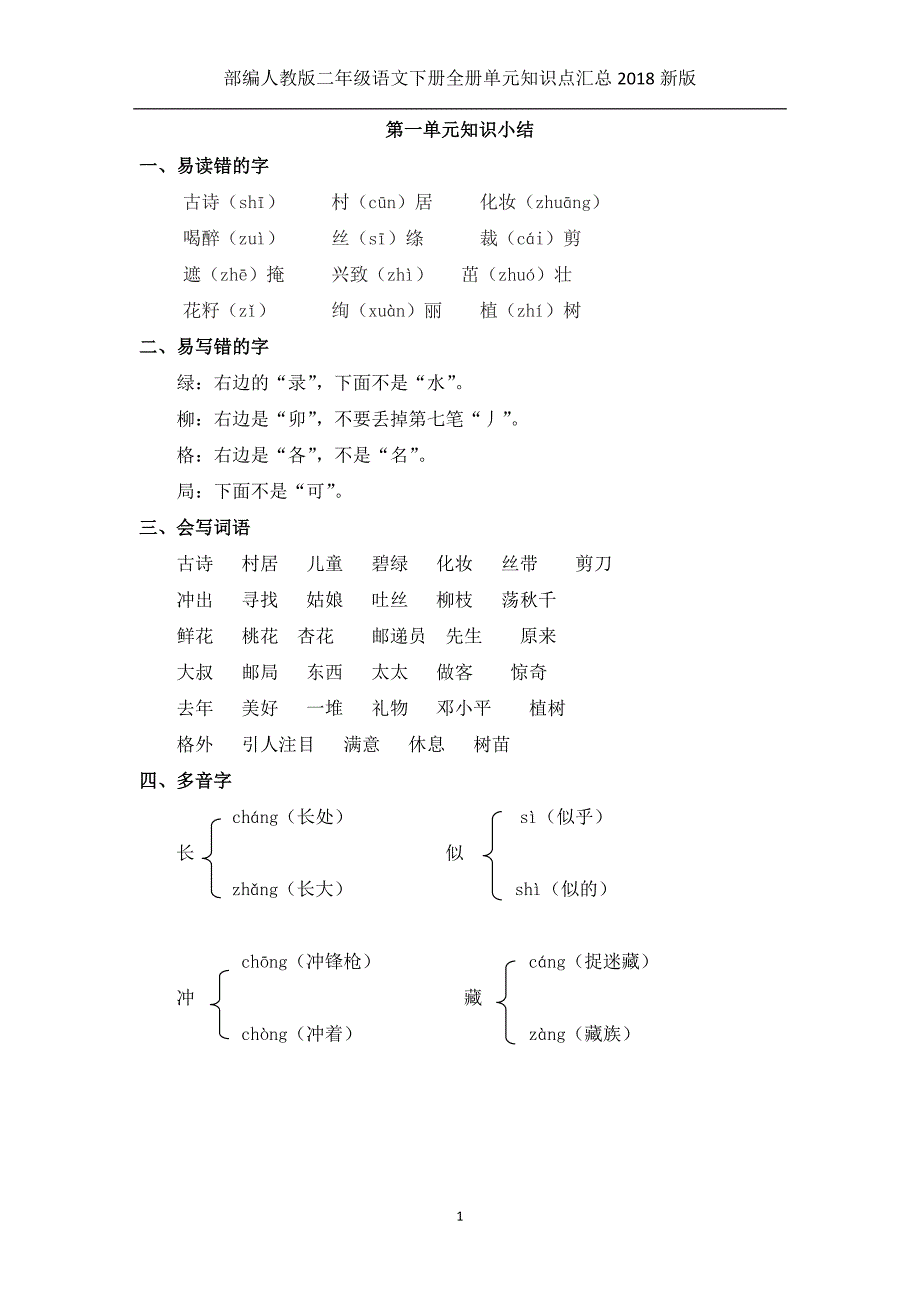 (完整word版)部编人教版二年级语文下册全册单元知识点汇总2018新版.doc_第1页