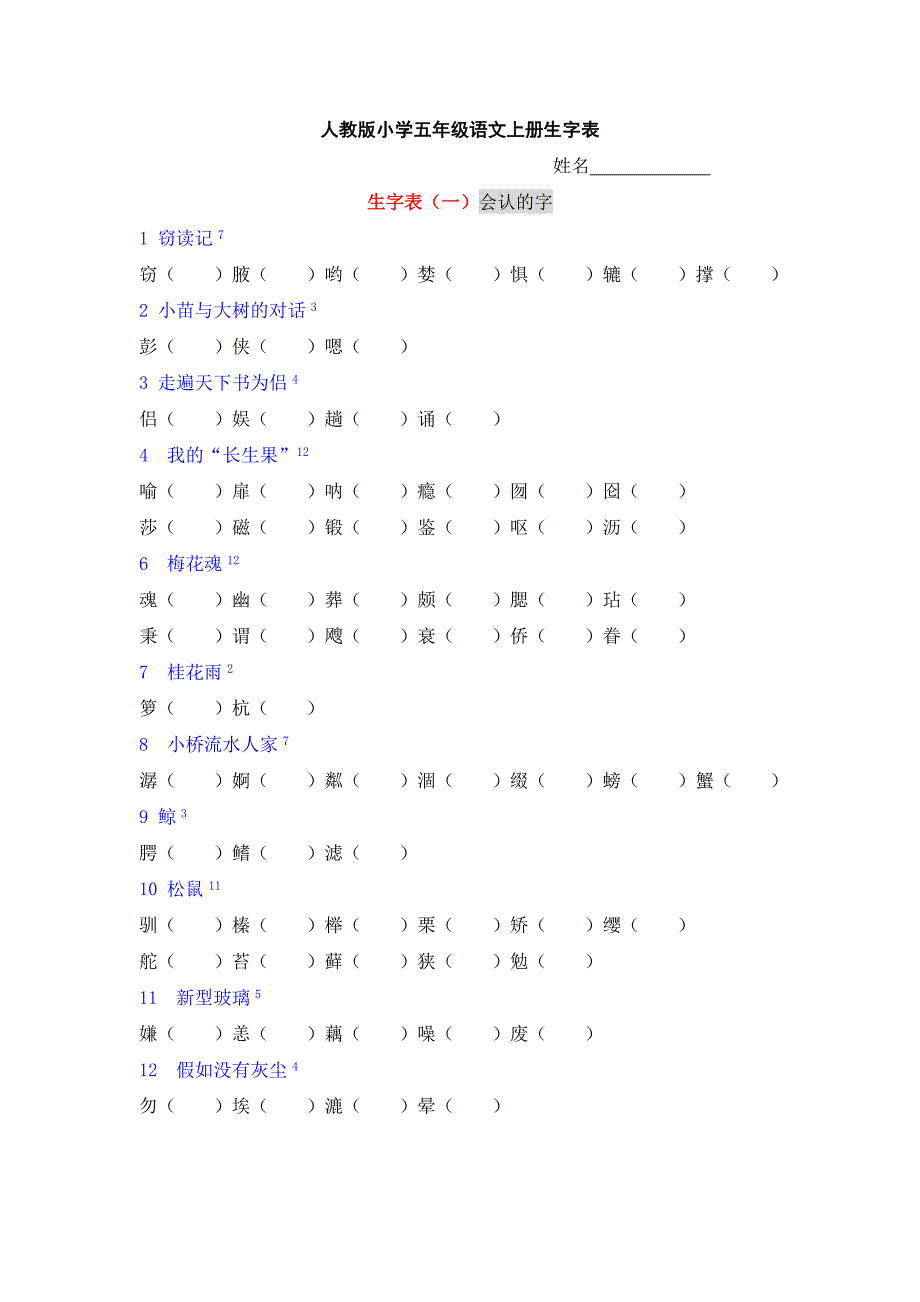 人教版小学语文五年级上册生字表_第1页