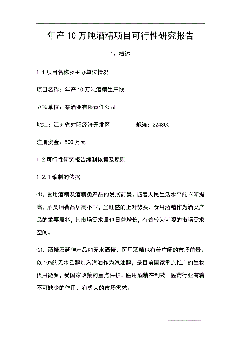 年产10万吨酒精项目可行性策划书.doc_第1页