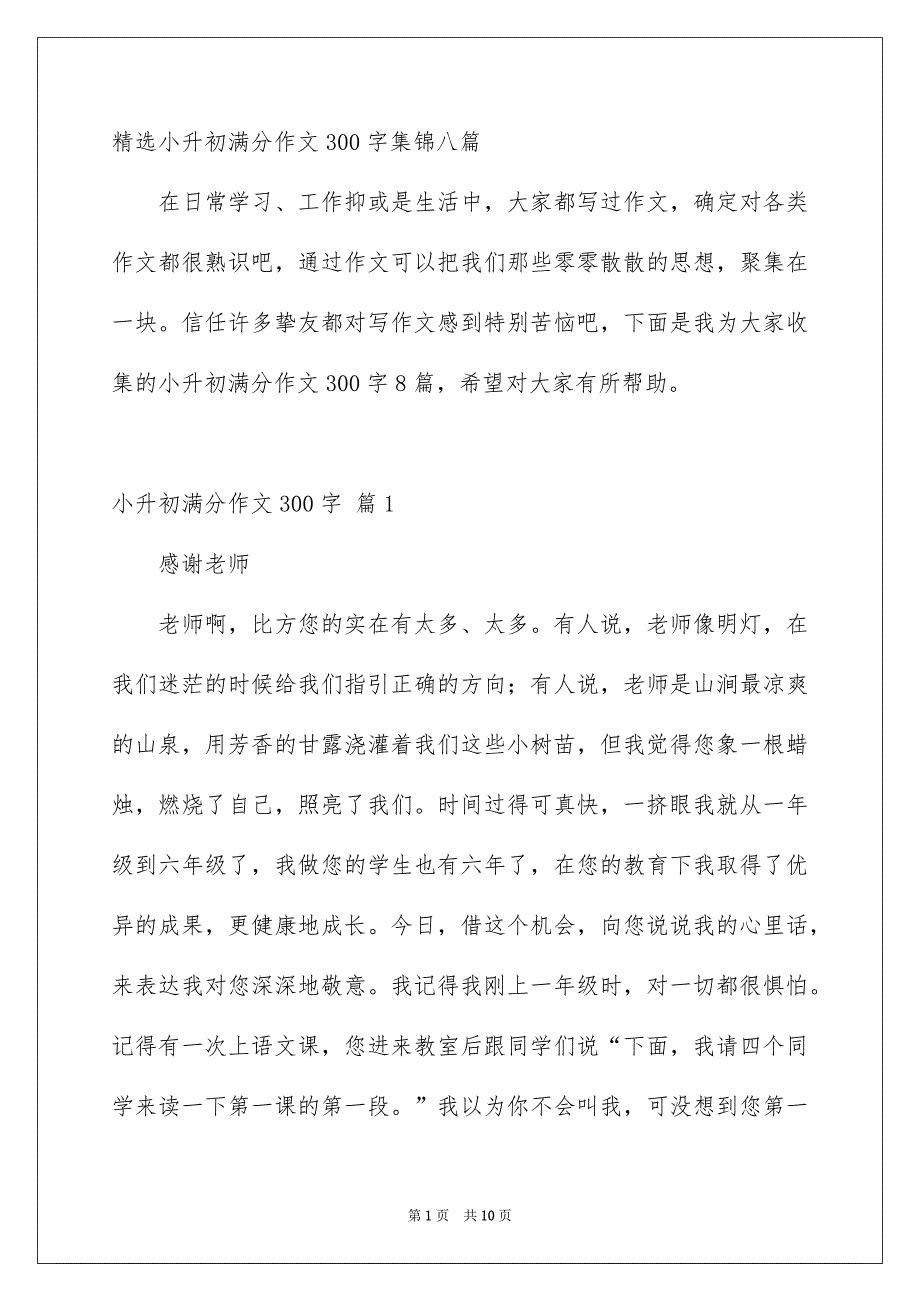 精选小升初满分作文300字集锦八篇_第1页