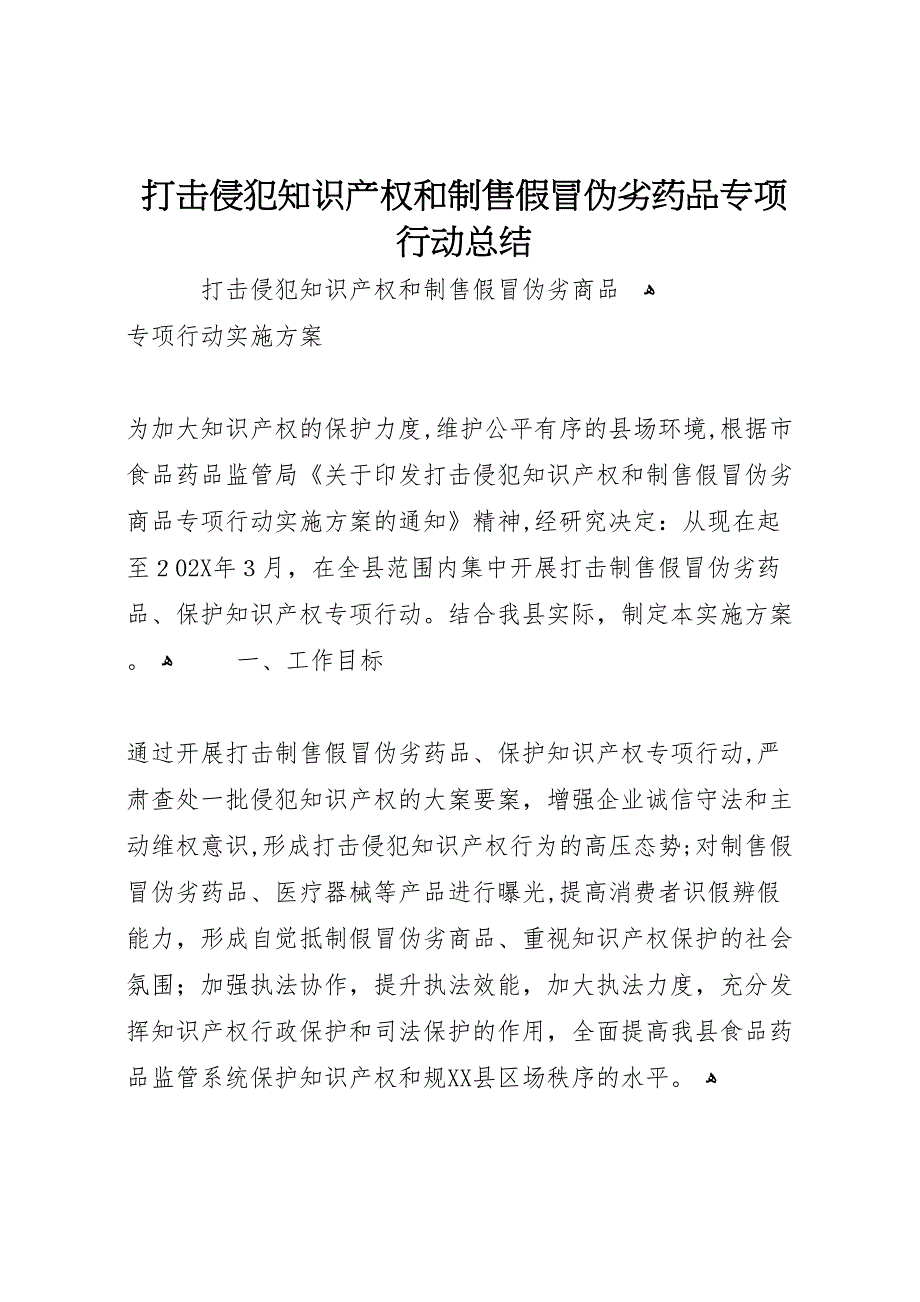 打击侵犯知识产权和制售假冒伪劣药品专项行动总结_第1页