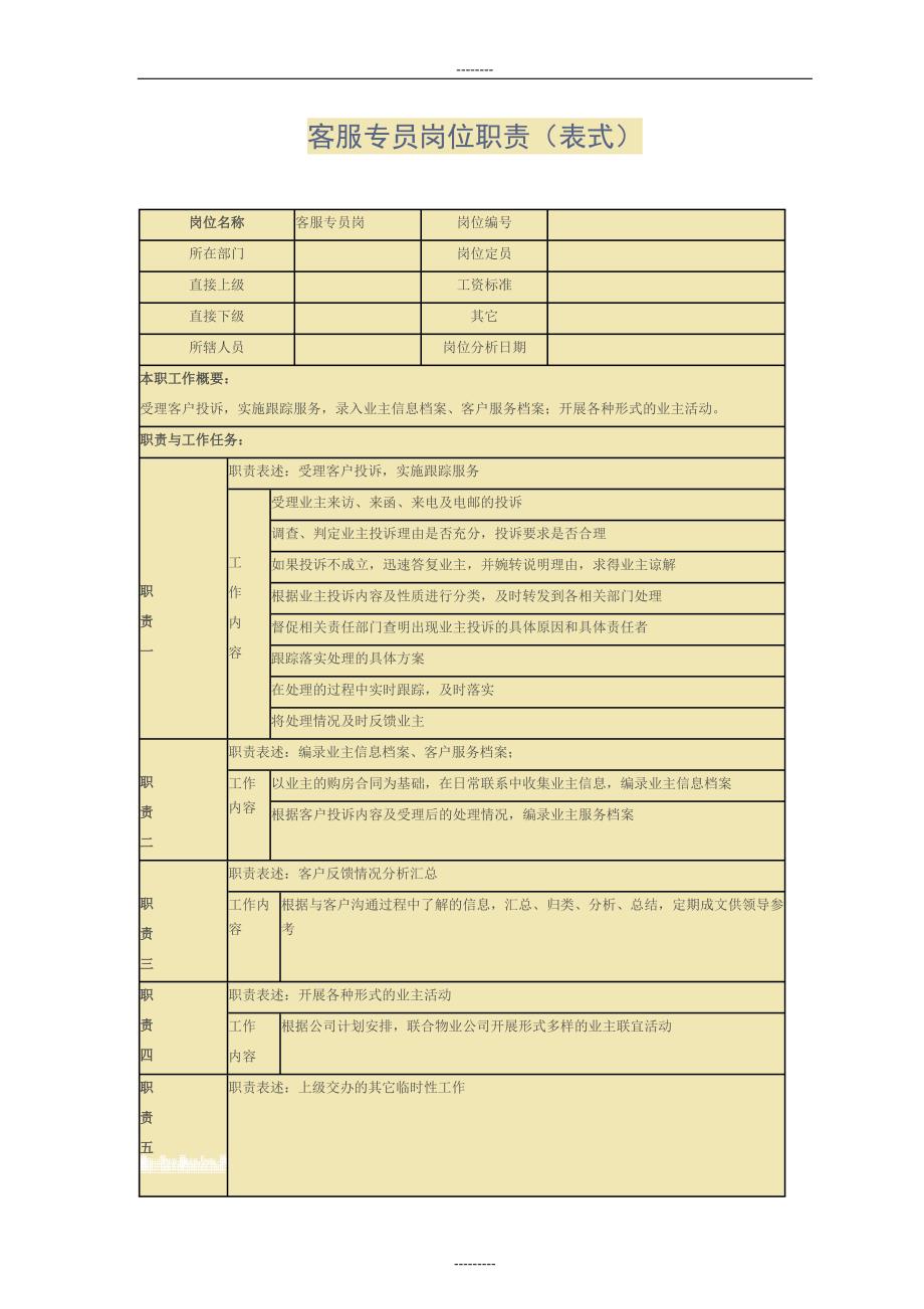 物业客服专员岗位职责（表式）_第1页