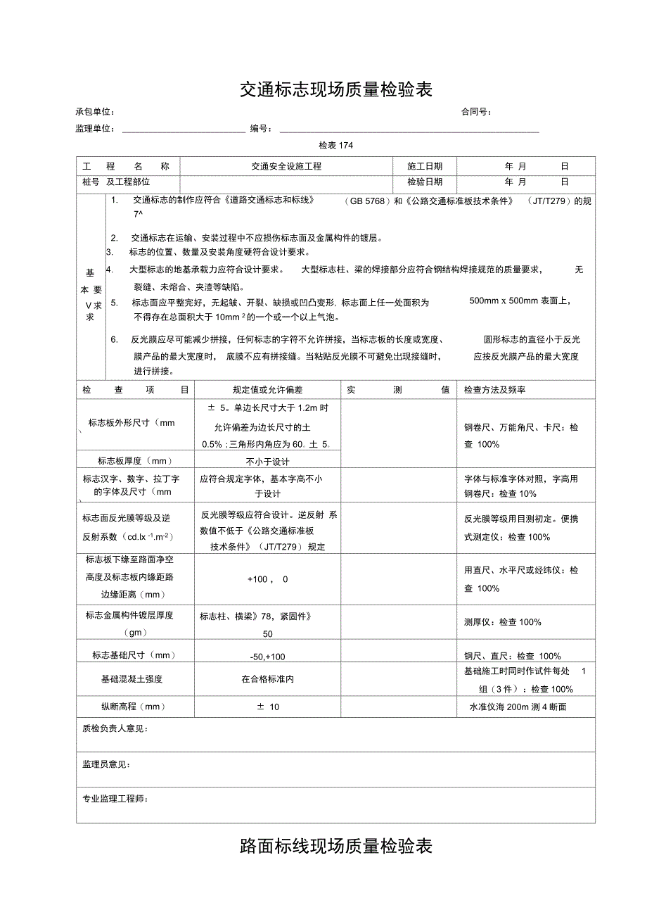 道路交通安全设施表格(质检表)_第1页